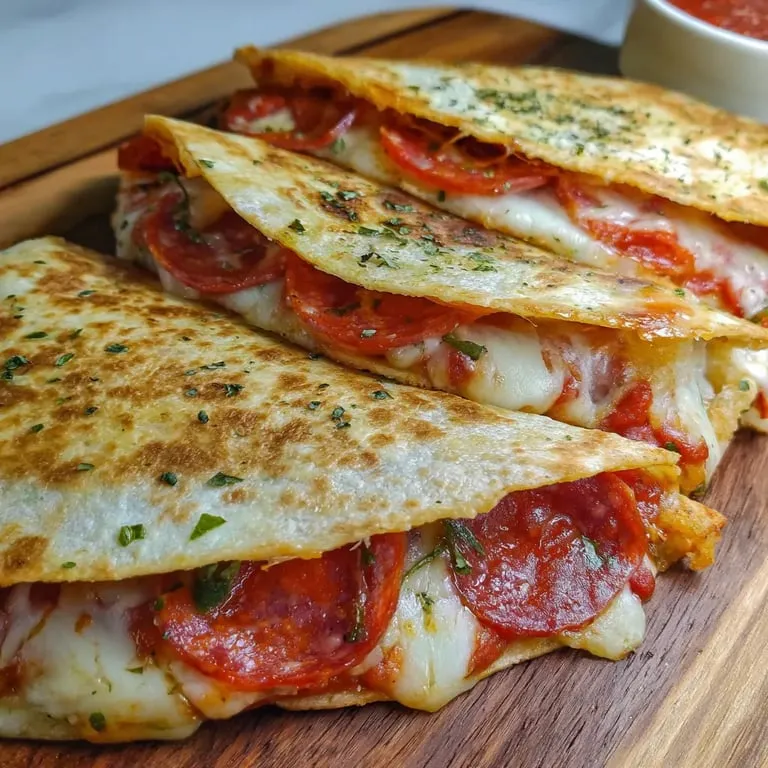 Two pizza wedges on a wooden serving board.