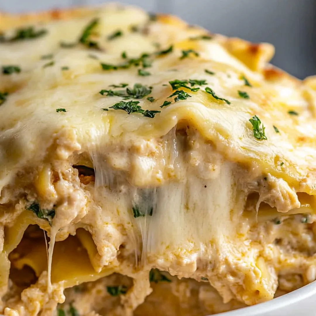 A bowl heaped with cheesy chicken, covered with herbs.