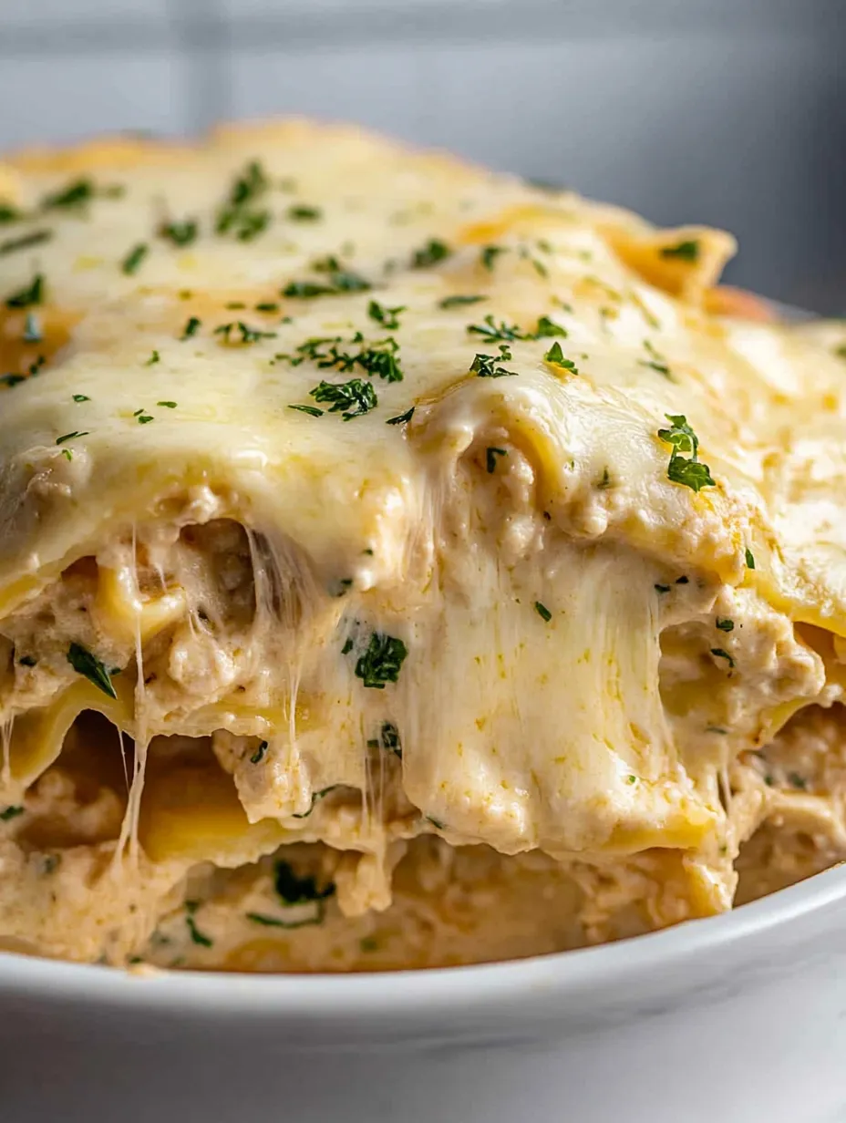 Close up melty cheesy lasagna stacked with herbs.