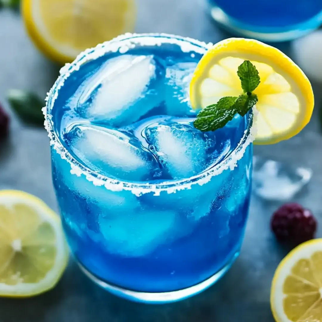 Bright blue drink in a glass with a slice of lemon and a hint of mint.