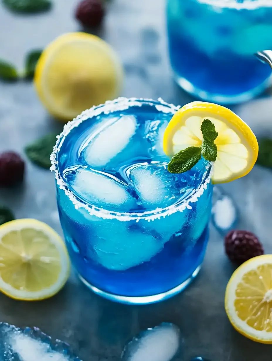 A blue drink loaded with lemon and lime slices floating on top.