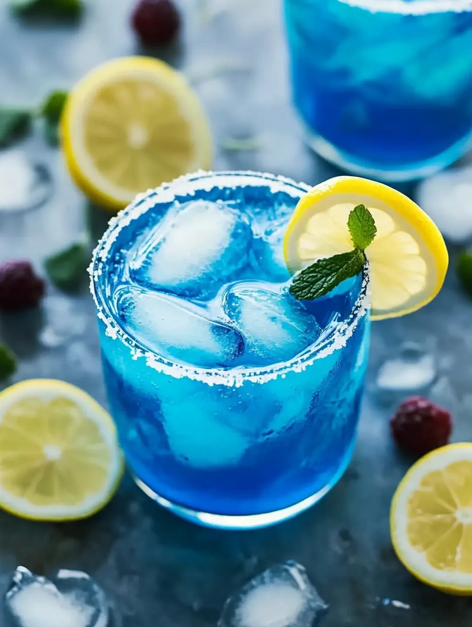 A tall blue drink topped with lemon and mint leaves.
