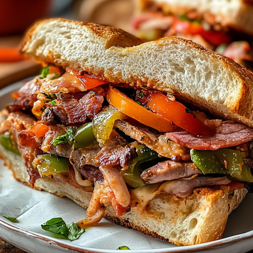 Sandwich stacked with meats, tomatoes, greens, and peppers.