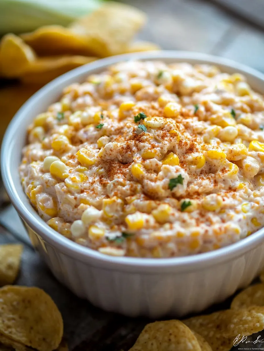 Dip loaded with corn and a cheesy top layer.