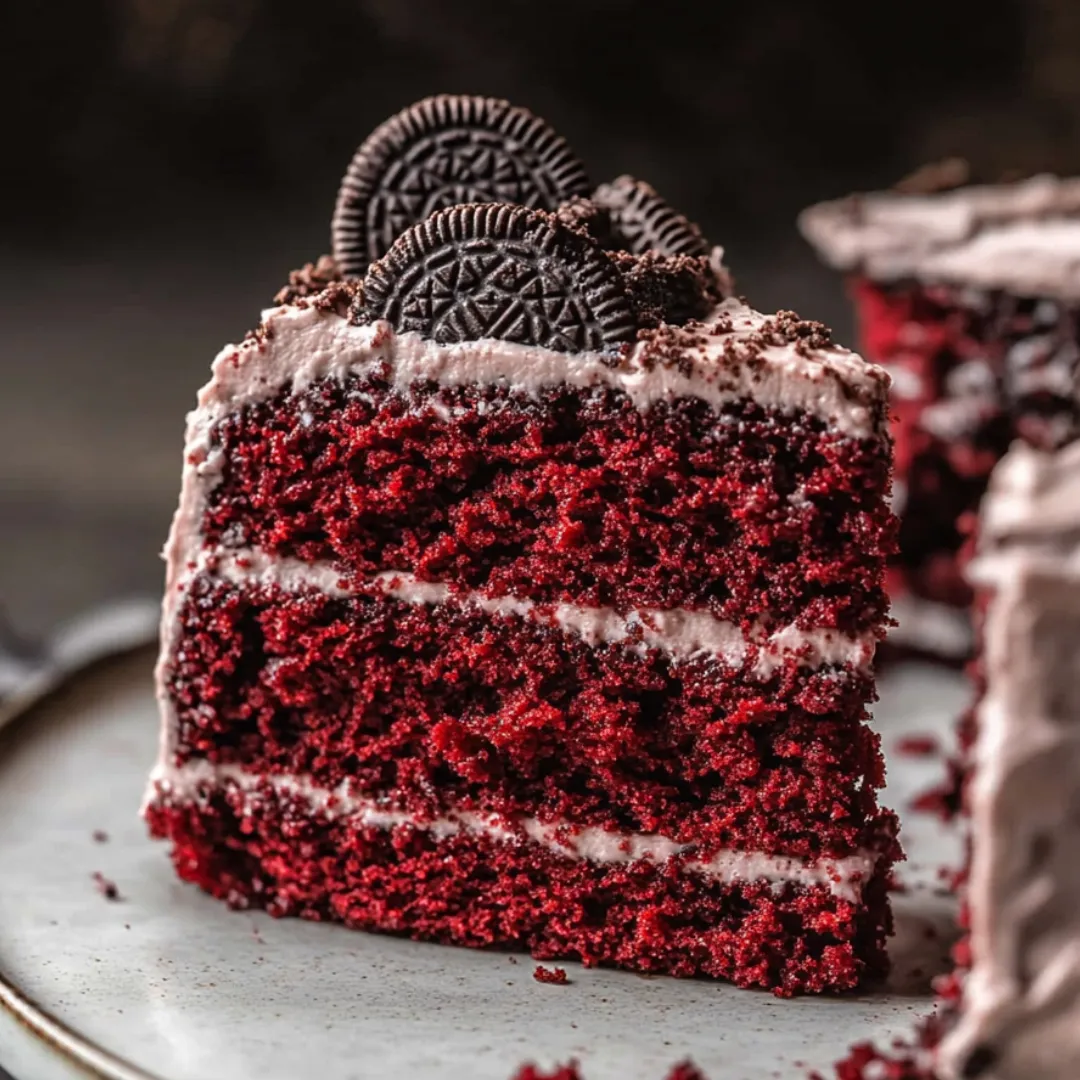 Slice of super-moist red velvet cake with melty chocolate bits.