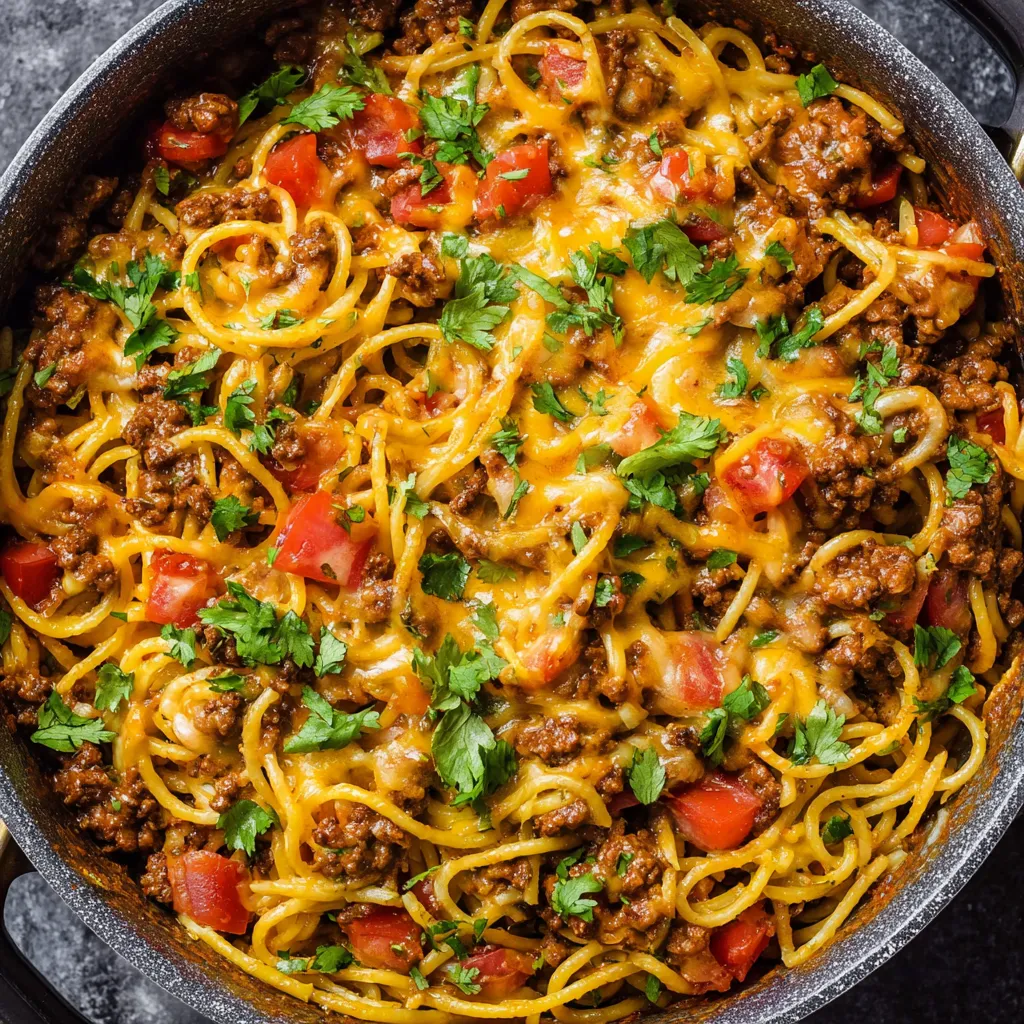 Spaghetti tossed with a rich meat sauce and fresh tomatoes in a bowl.