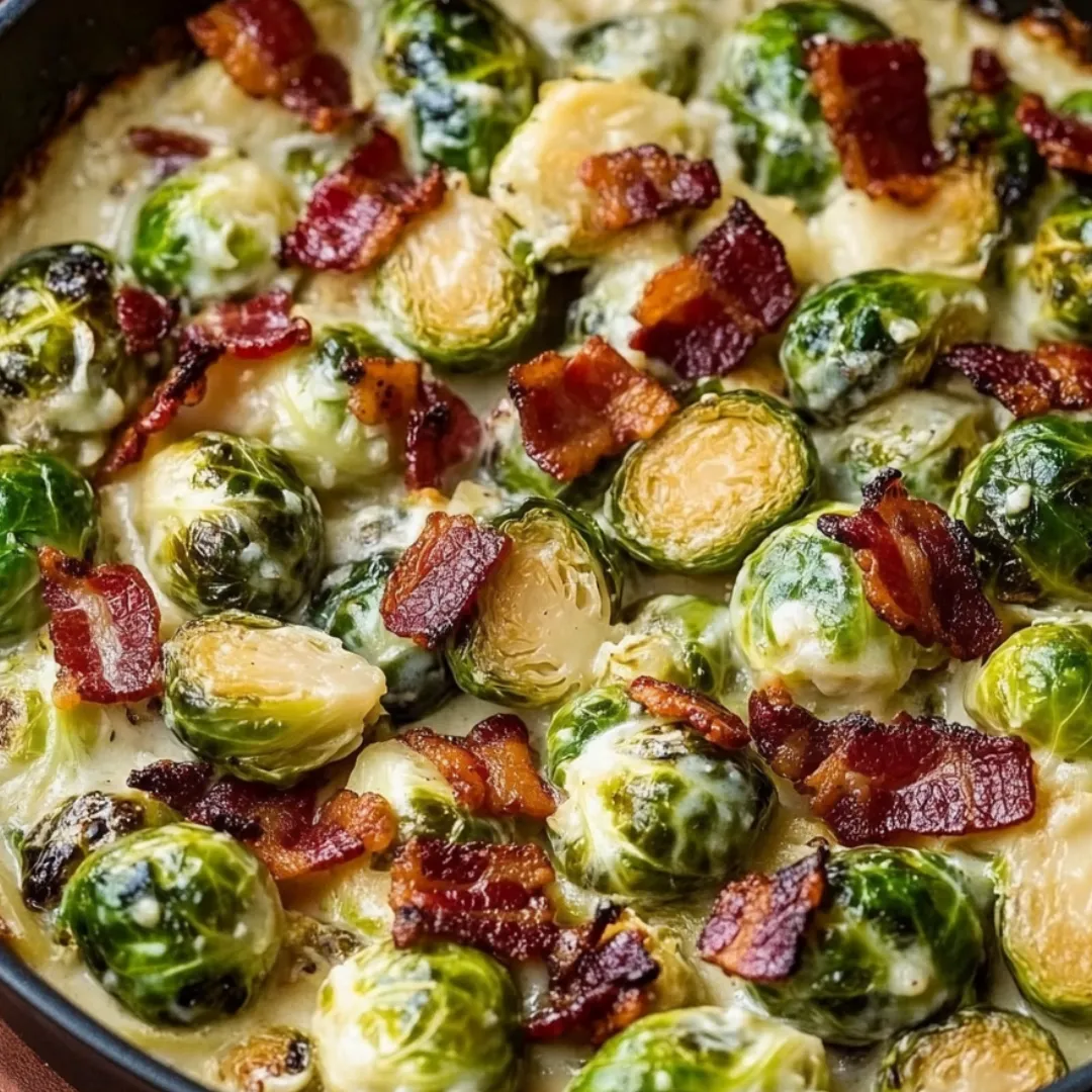 Bacon and brussels sprouts in a serving dish.