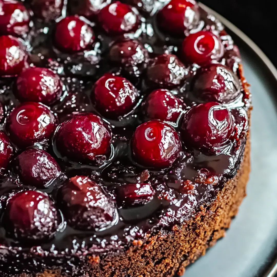 A piece of chocolatey cake loaded with cherries on top.