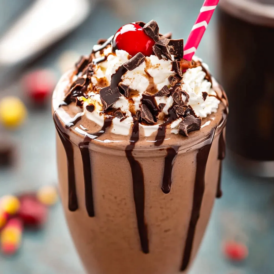 A chocolate milkshake finished with a cherry on top.