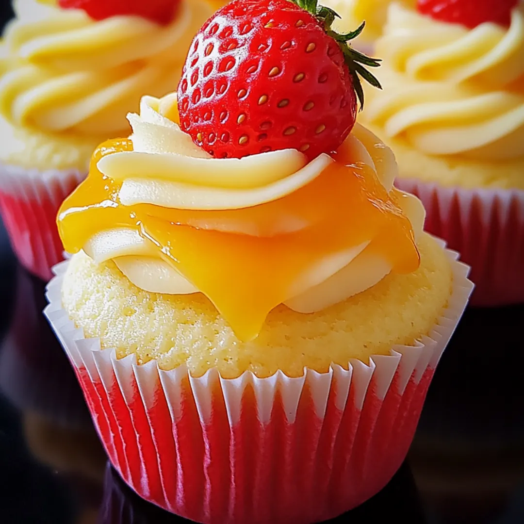 Cupcake topped with a fresh strawberry.