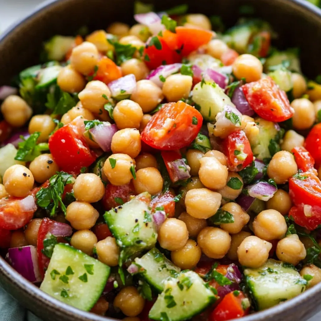A bowl holding a mix of cucumbers, chickpeas, and tomatoes.