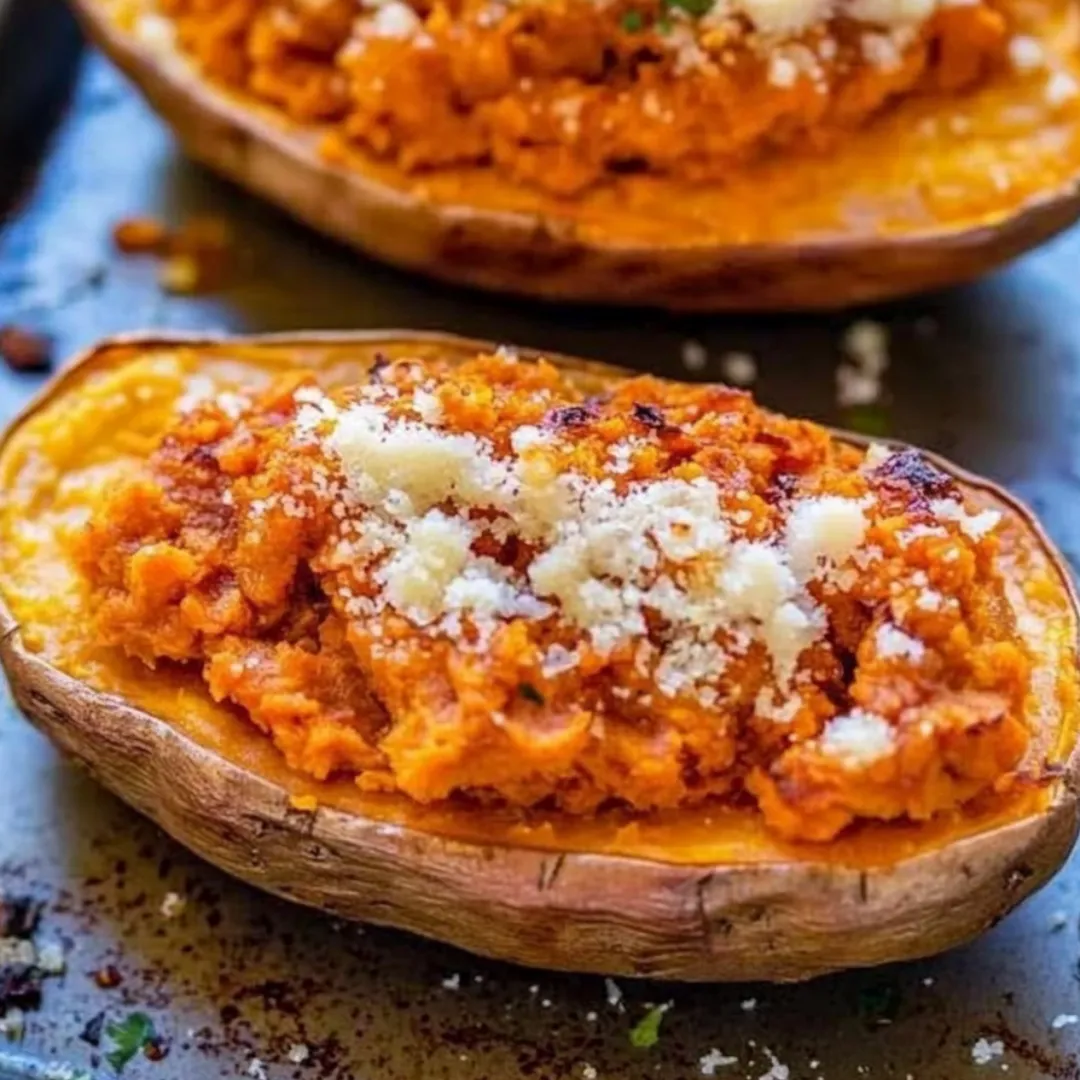 Two sweet potato halves roasted and melted cheese on top.