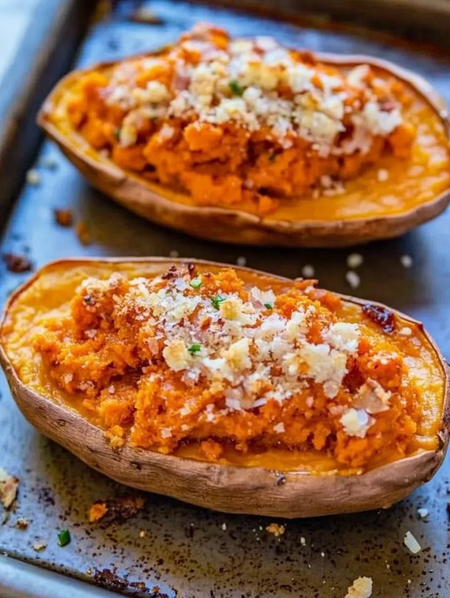 Two sweet potatoes cut open with melted cheese on top.