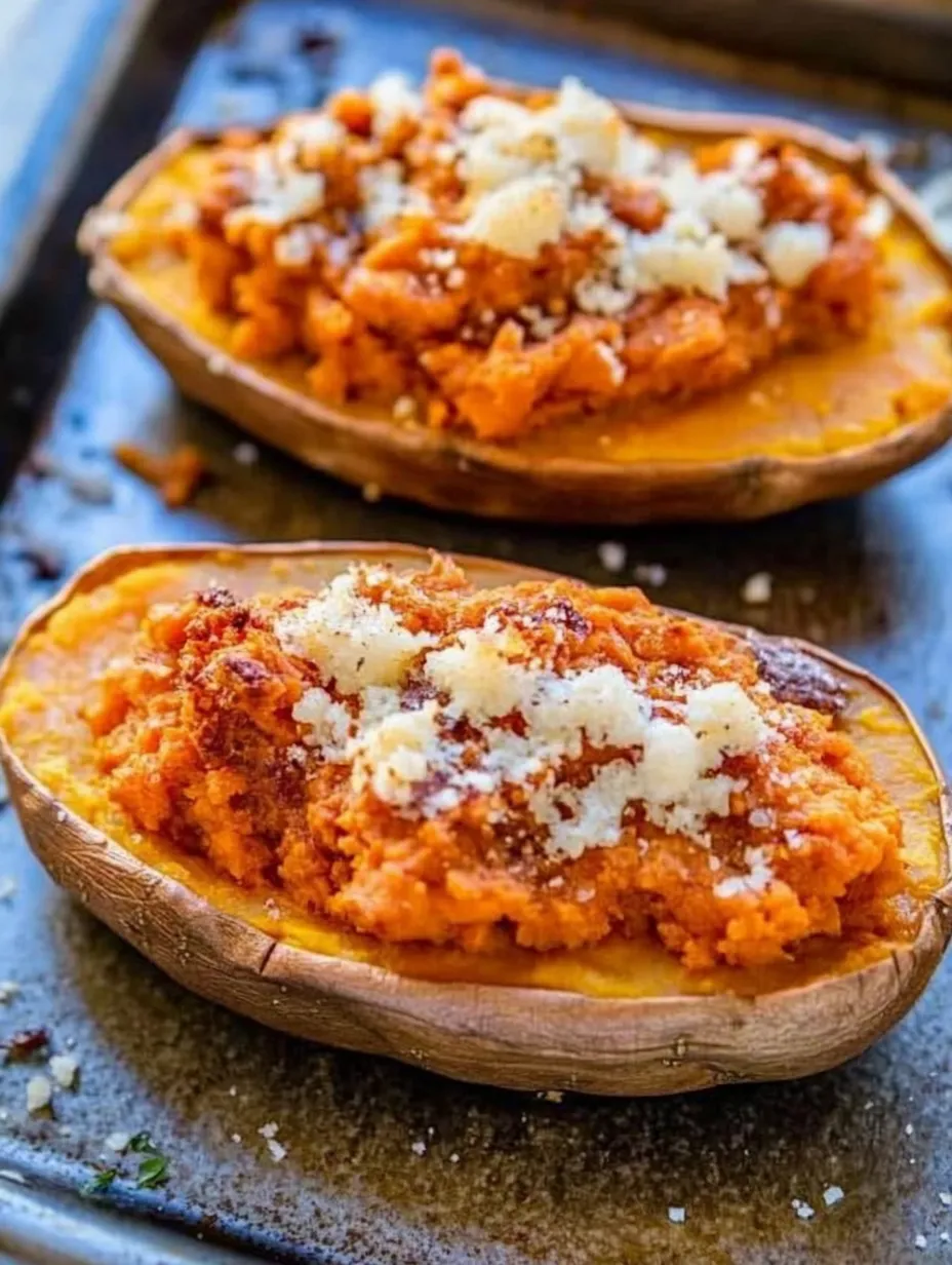 Two sweet potatoes cut open with melted cheese on top.