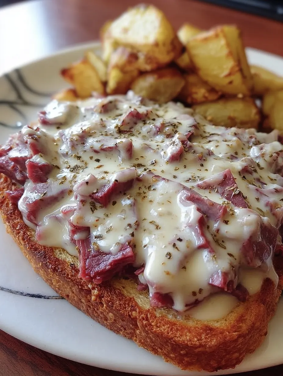 Toasted bread covered in creamy beef and potatoes on the side.