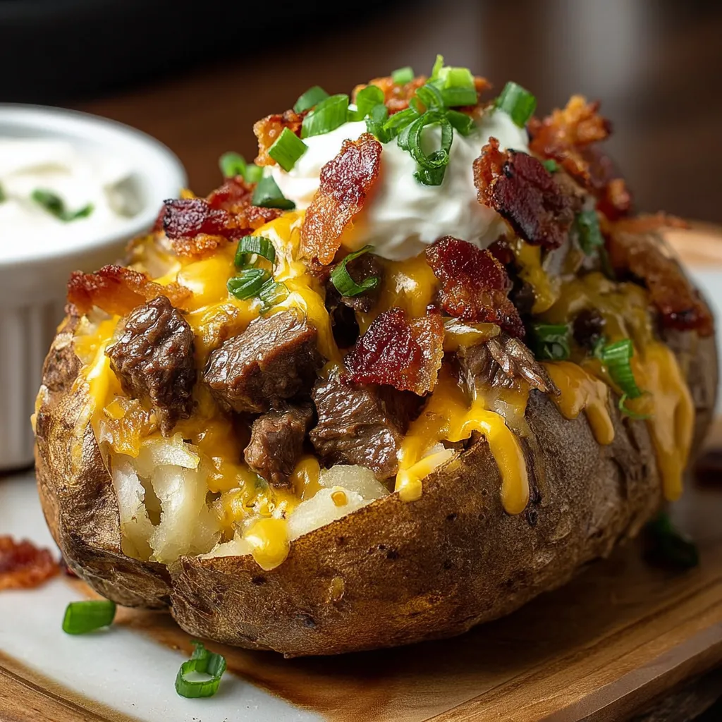 Zoom in on a spud packed with cheese and bacon.