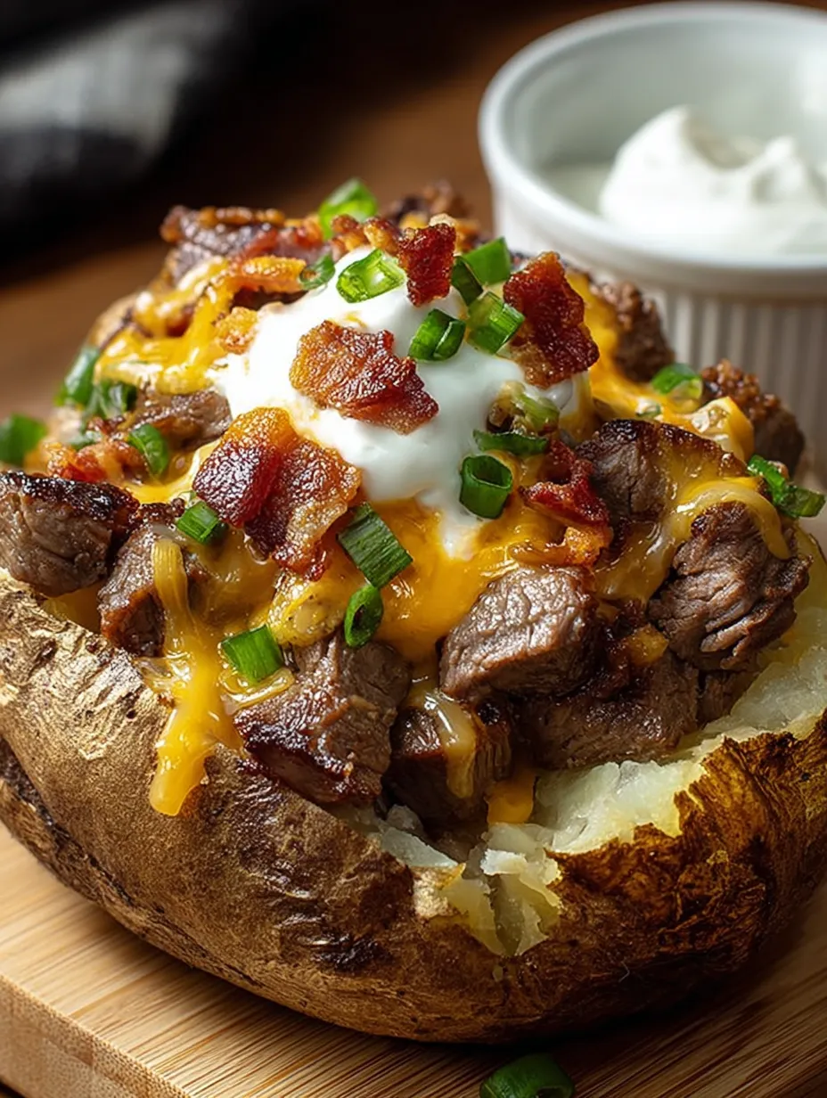 Zoomed-in potato with melty cheese and bacon packed on top.