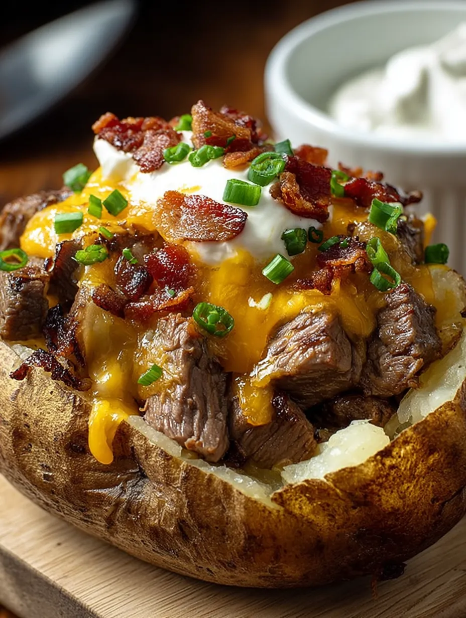 Close-up shot: steak packed in a potato, bacon wrapped around.