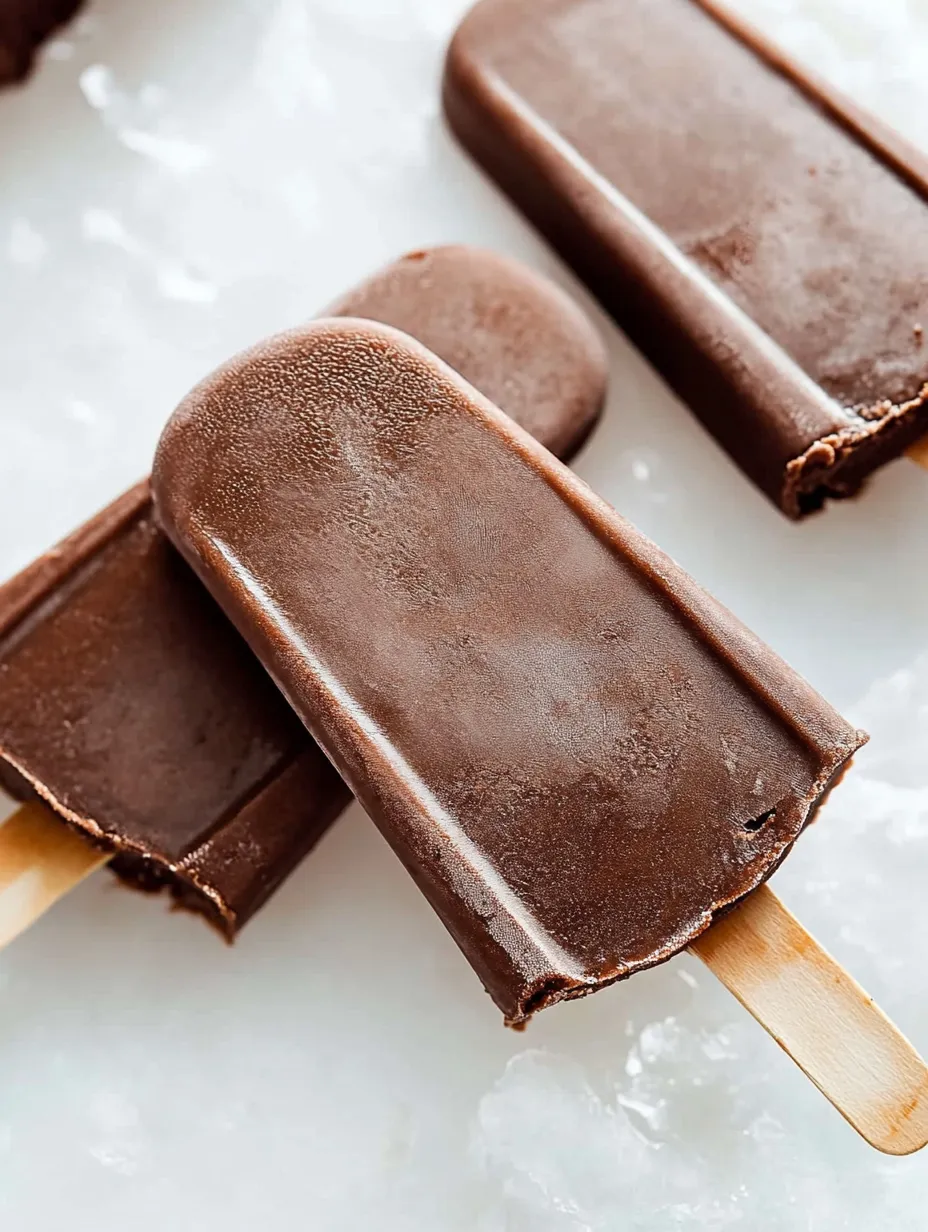 Three chocolate fudge pops set out on a tabletop.