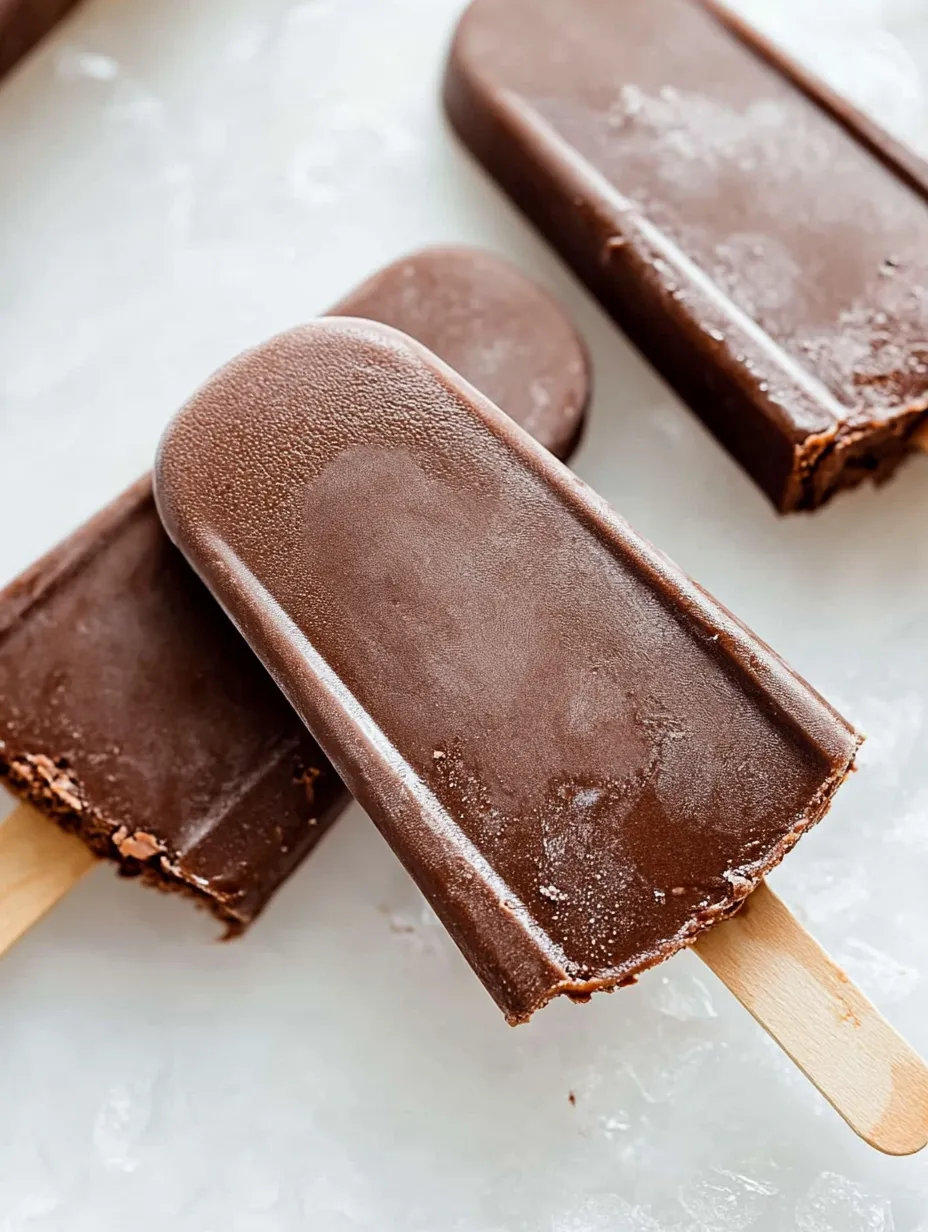 Chocolate fudge pops arranged on a counter.