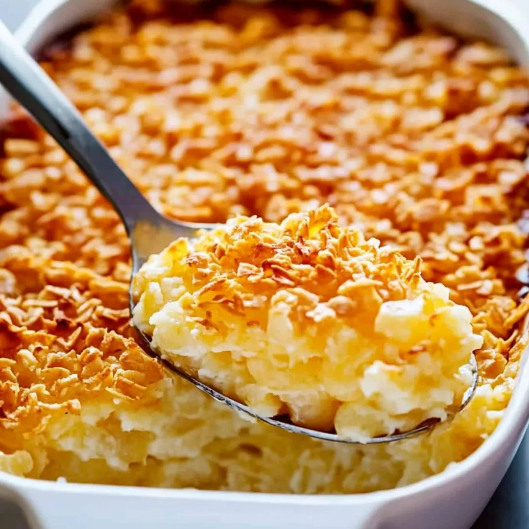 A spoon scooping out cheesy potato casserole from a bowl.