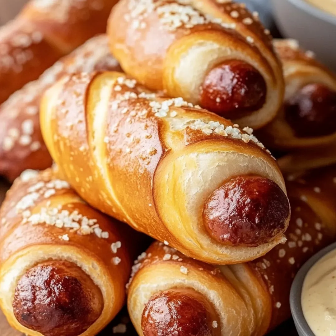 A bunch of hot dogs stacked together with dipping sauce.