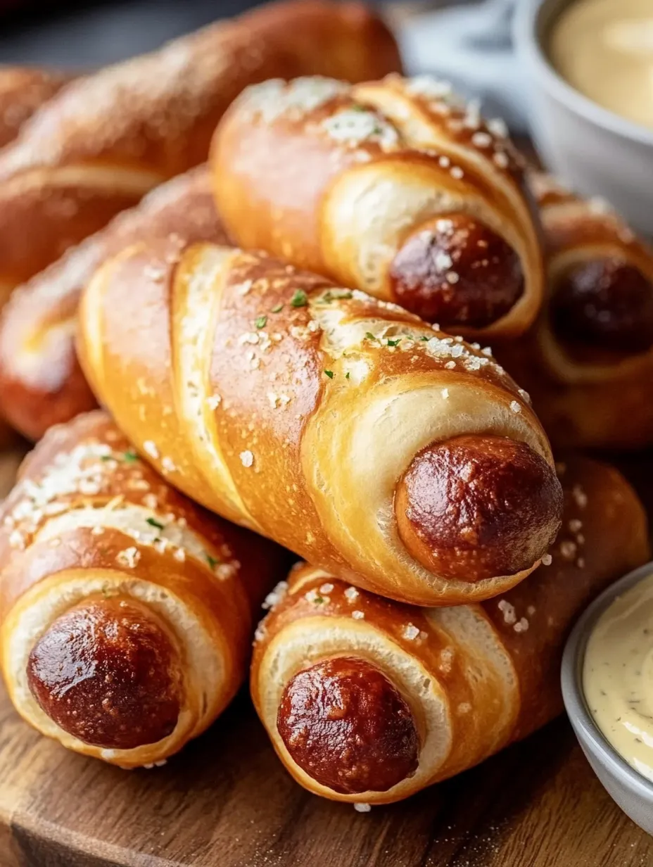 Sausages tucked in buns inside a bowl with dipping sauce.