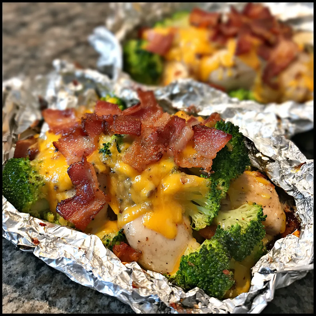 Dinner made with chicken, bacon, and broccoli tucked in foil.
