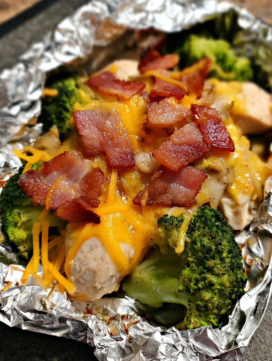 Bacon and broccoli chilling on foil on a plate.