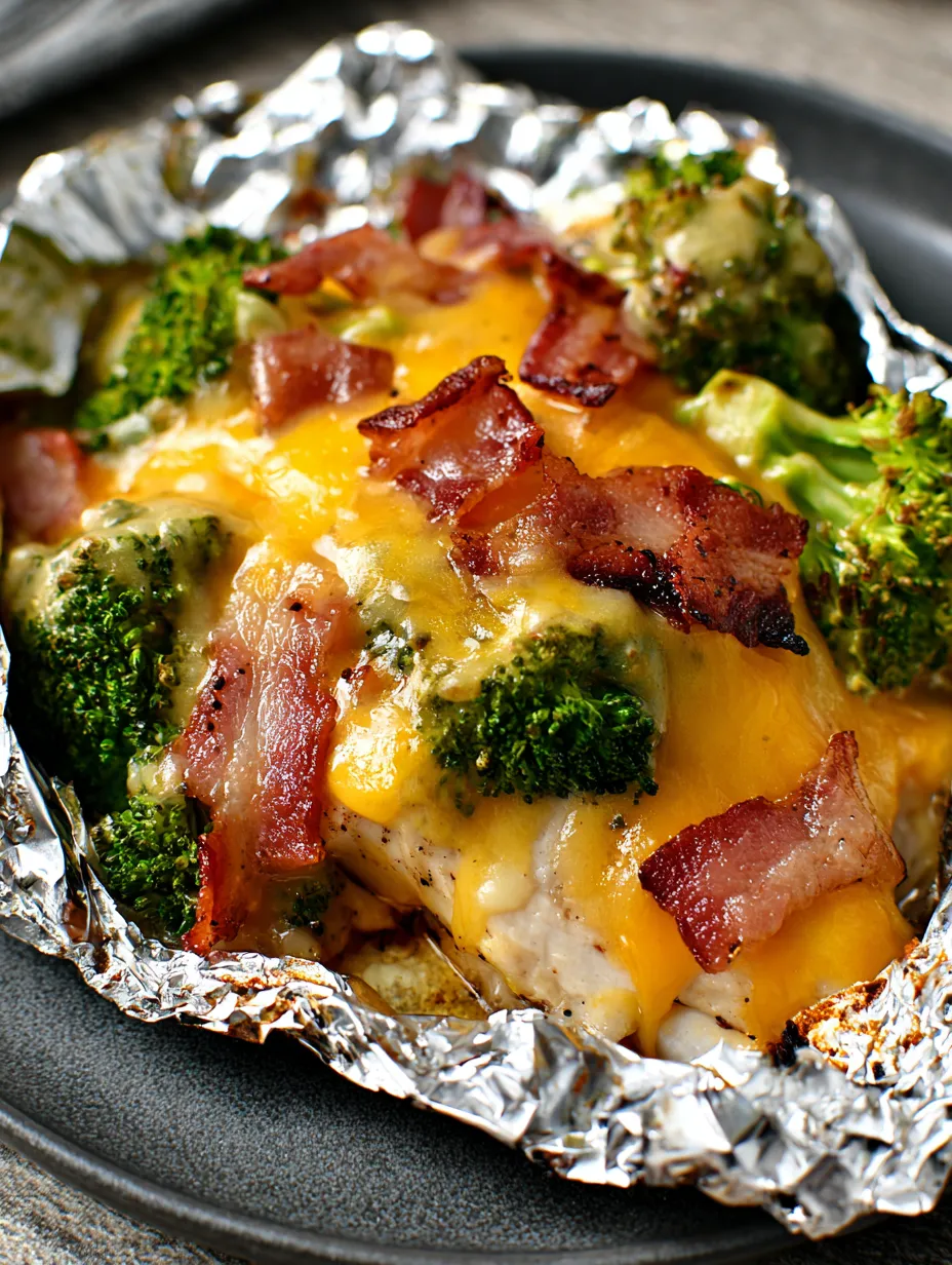 Foil wrapped meal with broccoli and bacon peeking out.