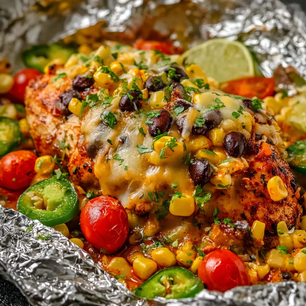 Chicken, corn, tomatoes, and peppers all wrapped up in shiny foil.