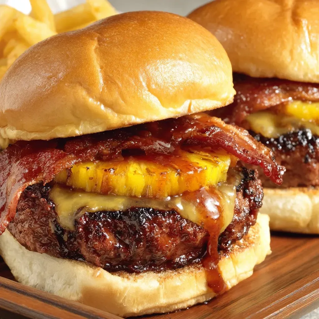 Loaded burgers with bacon, juicy pineapple, and BBQ sauce.