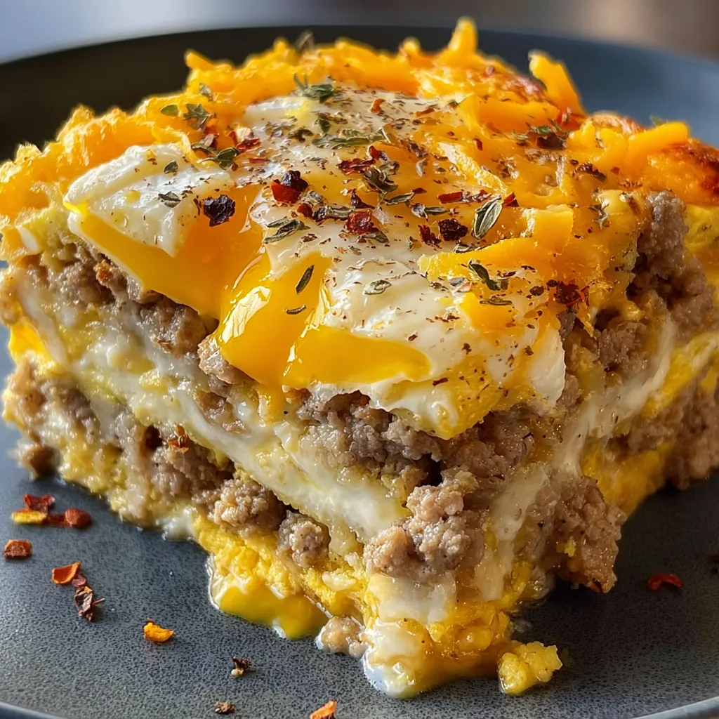 One piece of the casserole topped with a sunny fried egg.