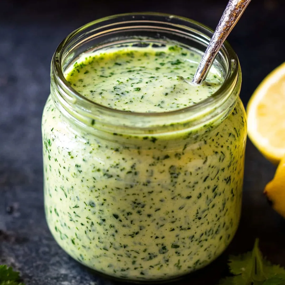 Green sauce sitting in a glass jar with a spoon inside.