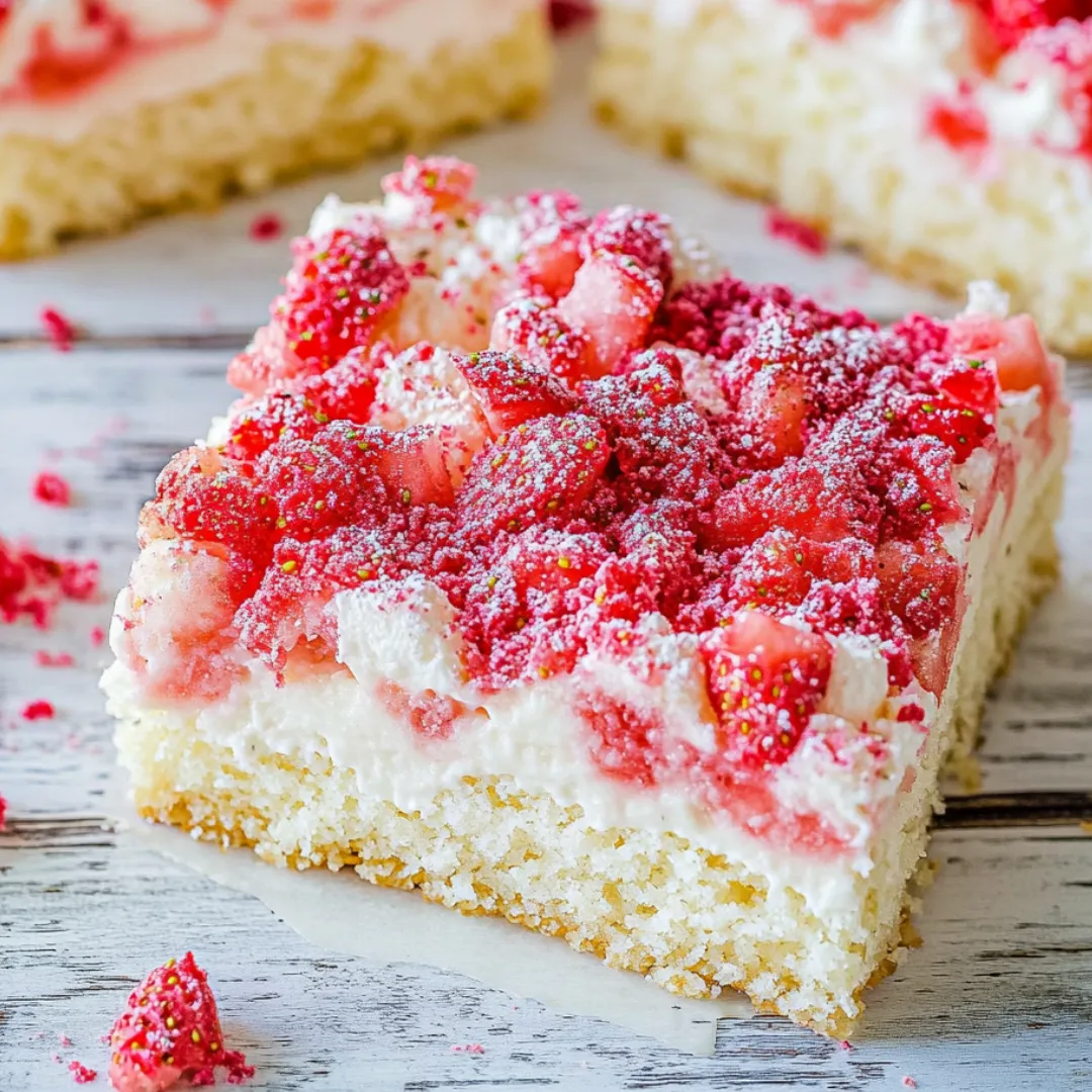 A square vanilla bar topped with strawberries and crumbly bits.