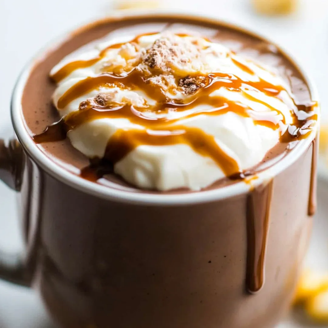 Mug packed with cocoa and a swirl of whipped cream on top.