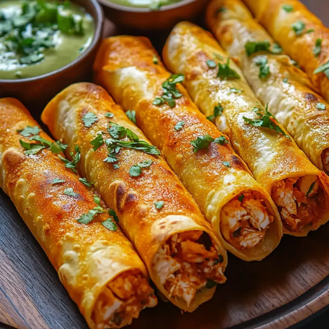 A plate stacked with taquitos next to fresh salsa.