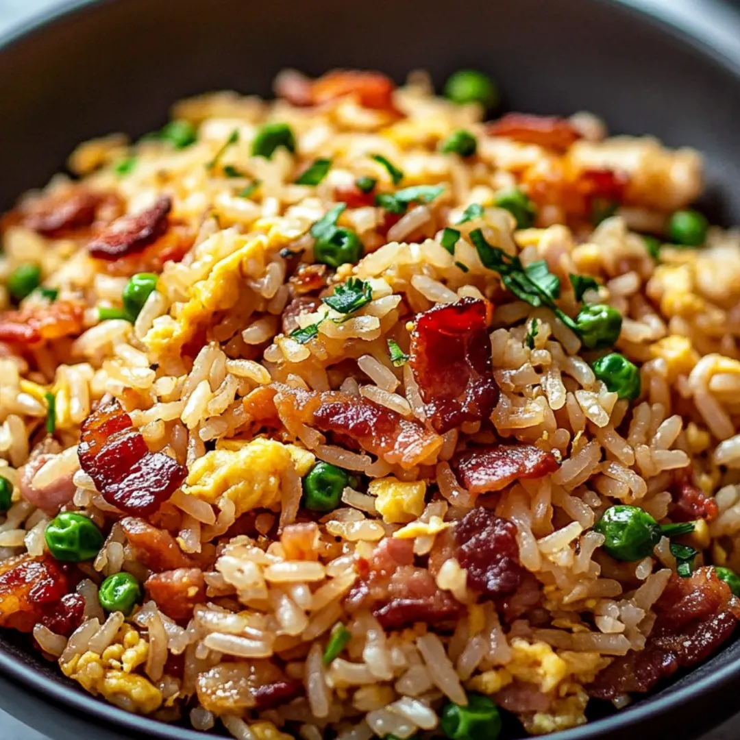 Bowl filled with rice, bacon bits, and peas.