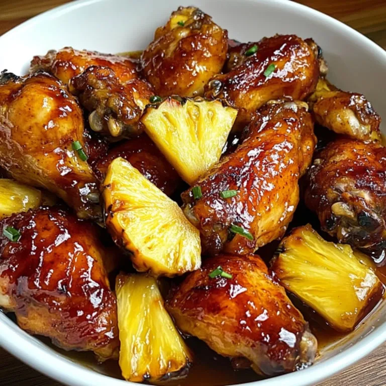 A bowl packed with pineapple chicken wings.