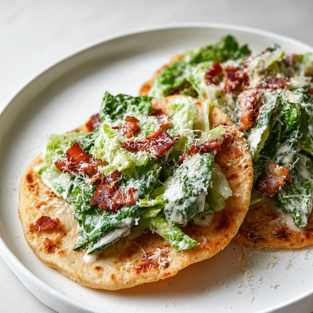 A plate stacked with chicken, greens, and smoky bacon tacos.