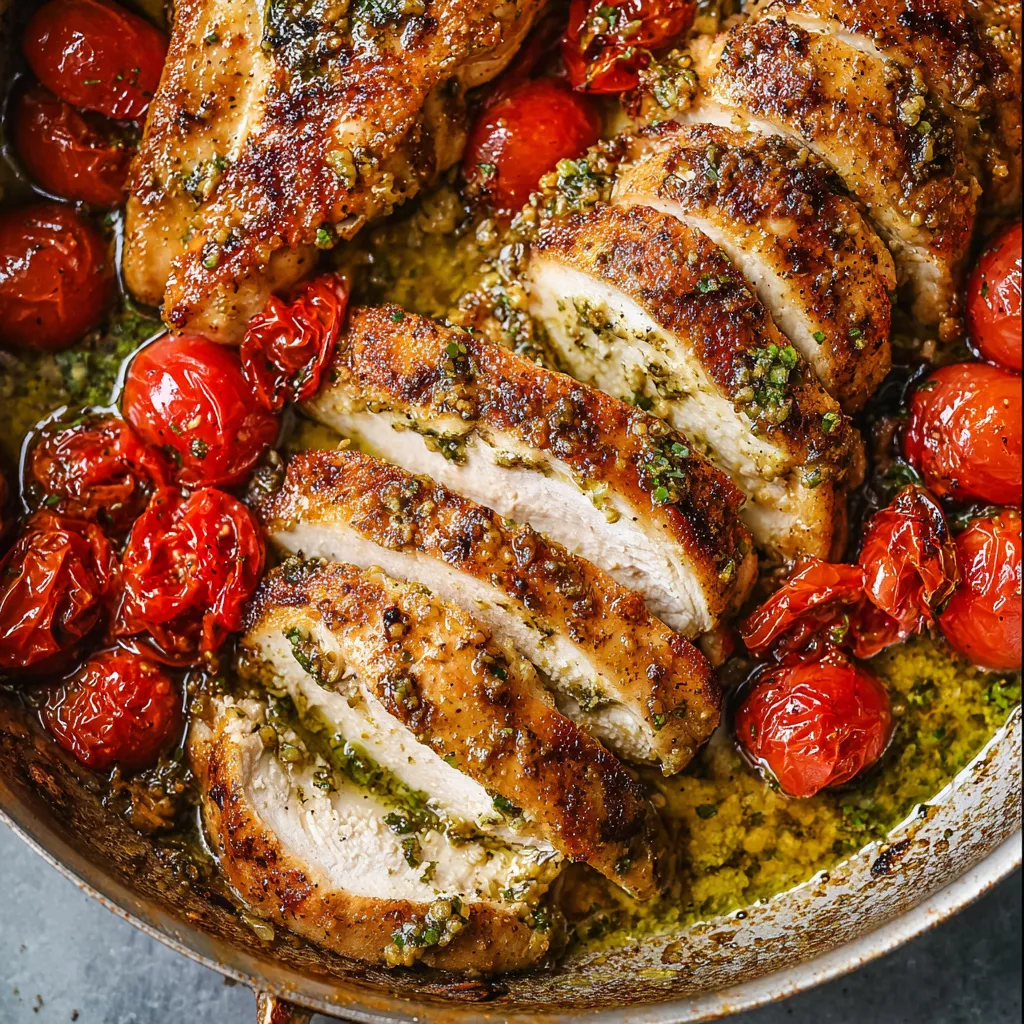 Chicken and tomato skillet finished with fresh herbs in a pan.