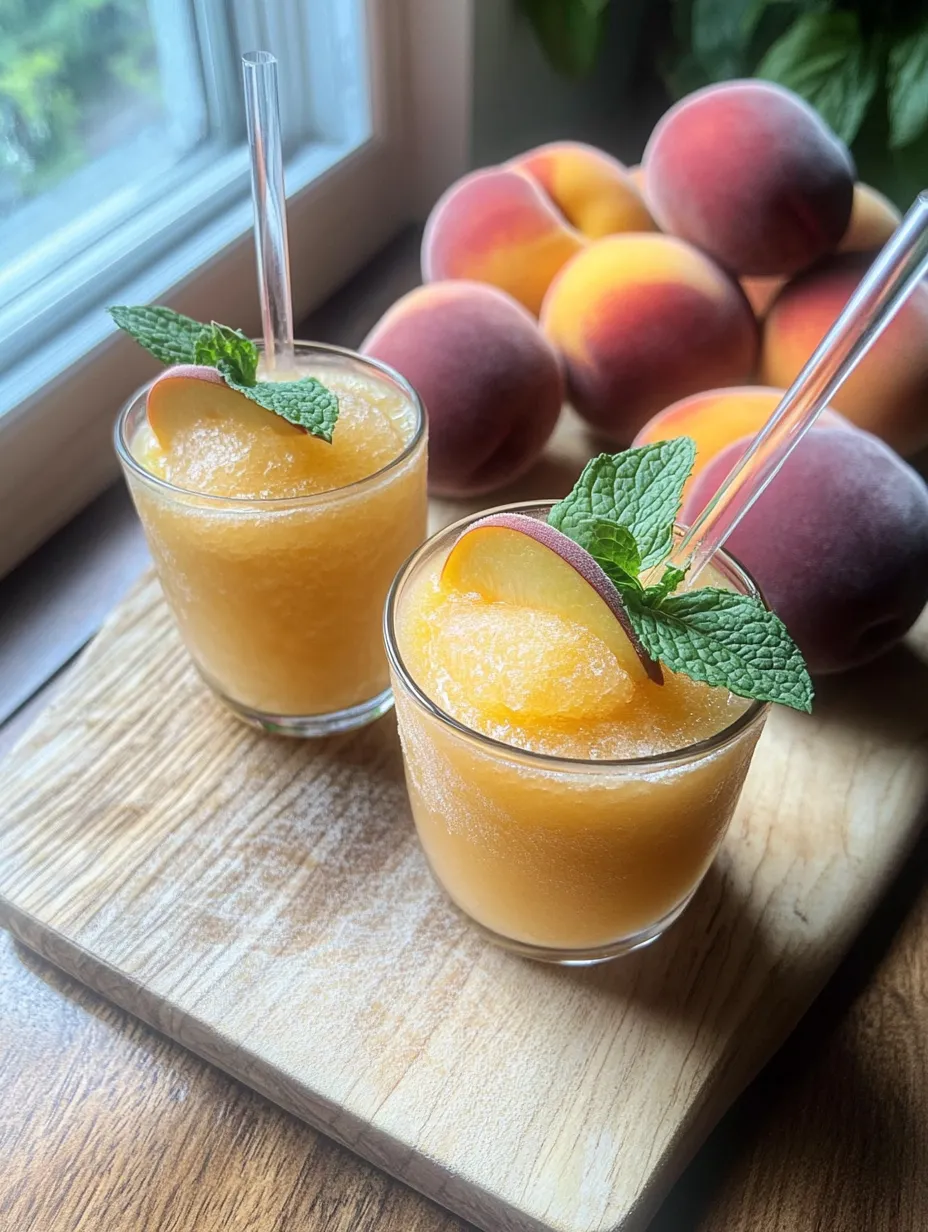 Two peachy drinks with mint sitting on a wood table.