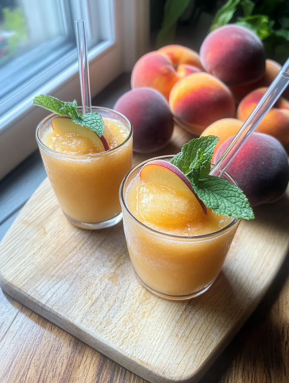 Two frosty peachy drinks each topped with mint.