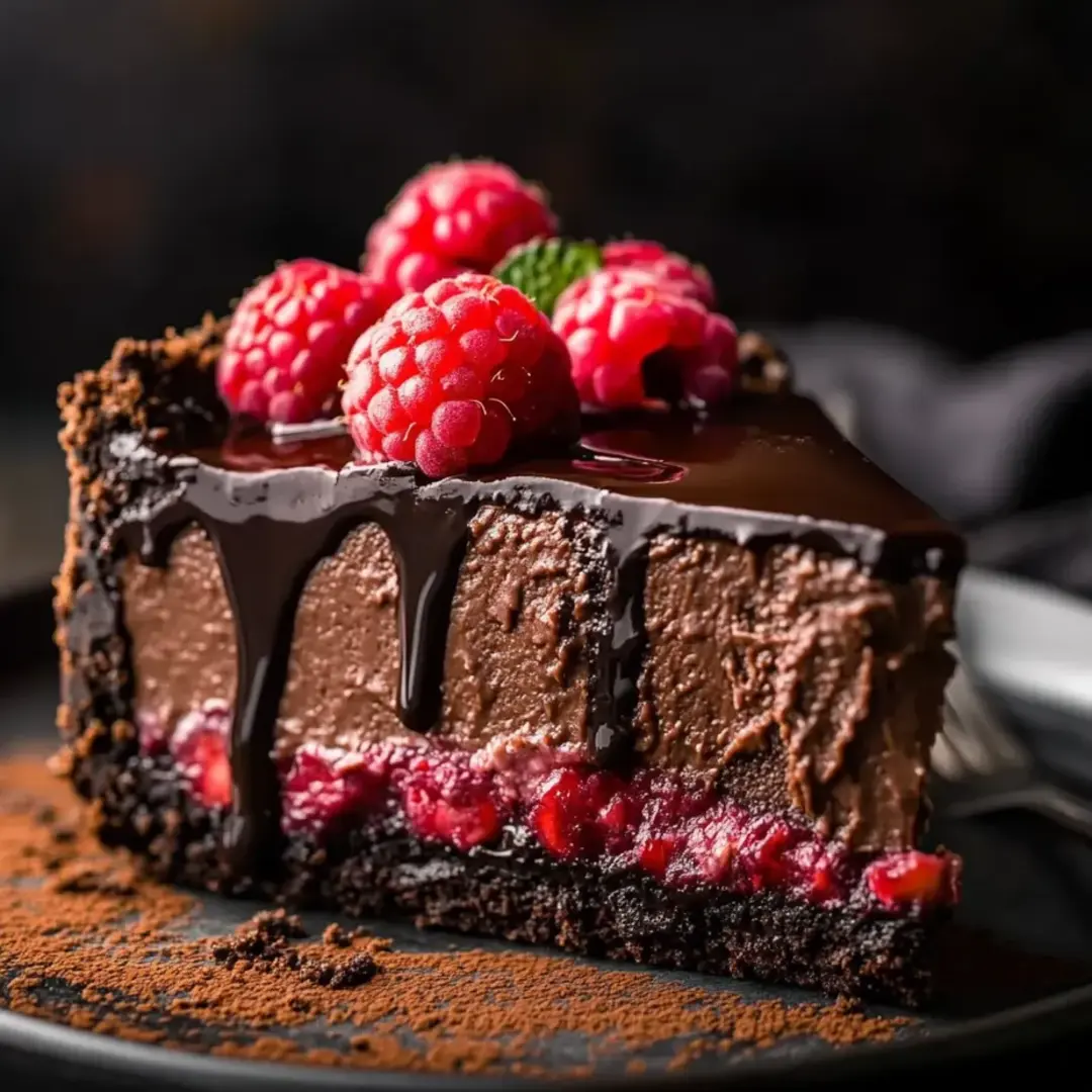 Slice of chocolate dessert layered with plenty of fresh raspberries on top.