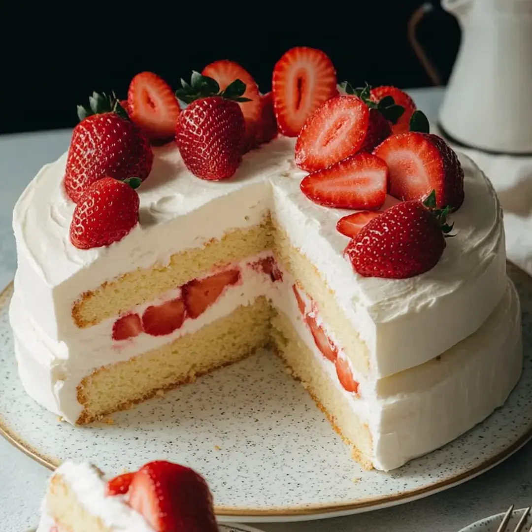 Slice of cake topped with juicy strawberries.