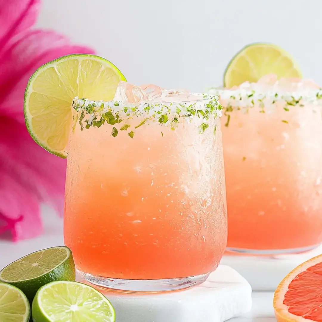 Two iced pink drinks with lime slices on top.