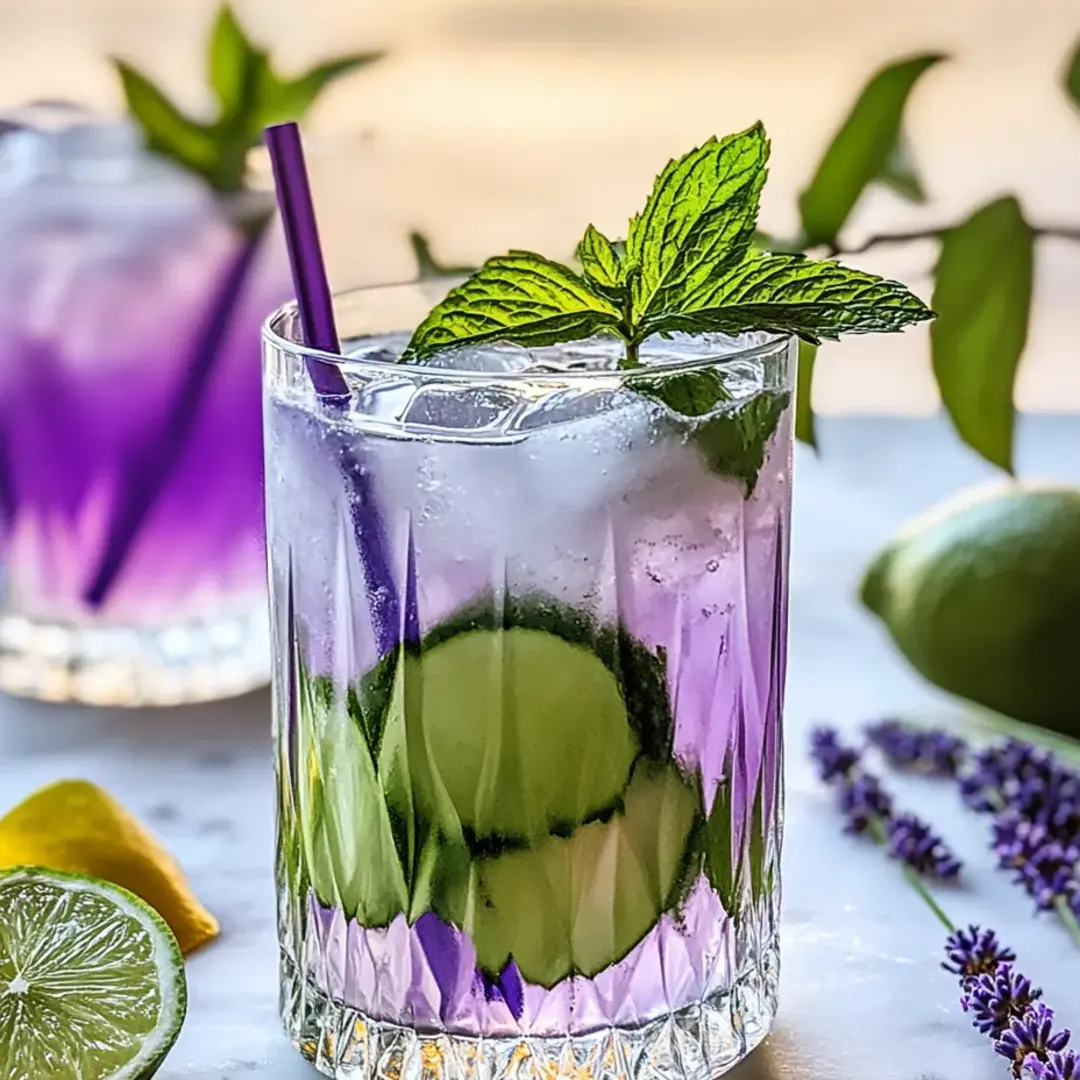 A purple sparkling drink with cucumber on top in a see-through cup.