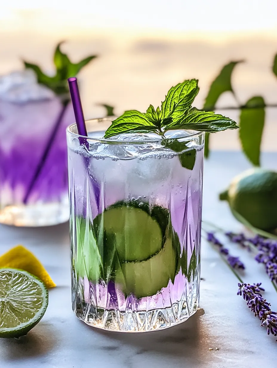 A glass filled with a purple drink and mint on top.