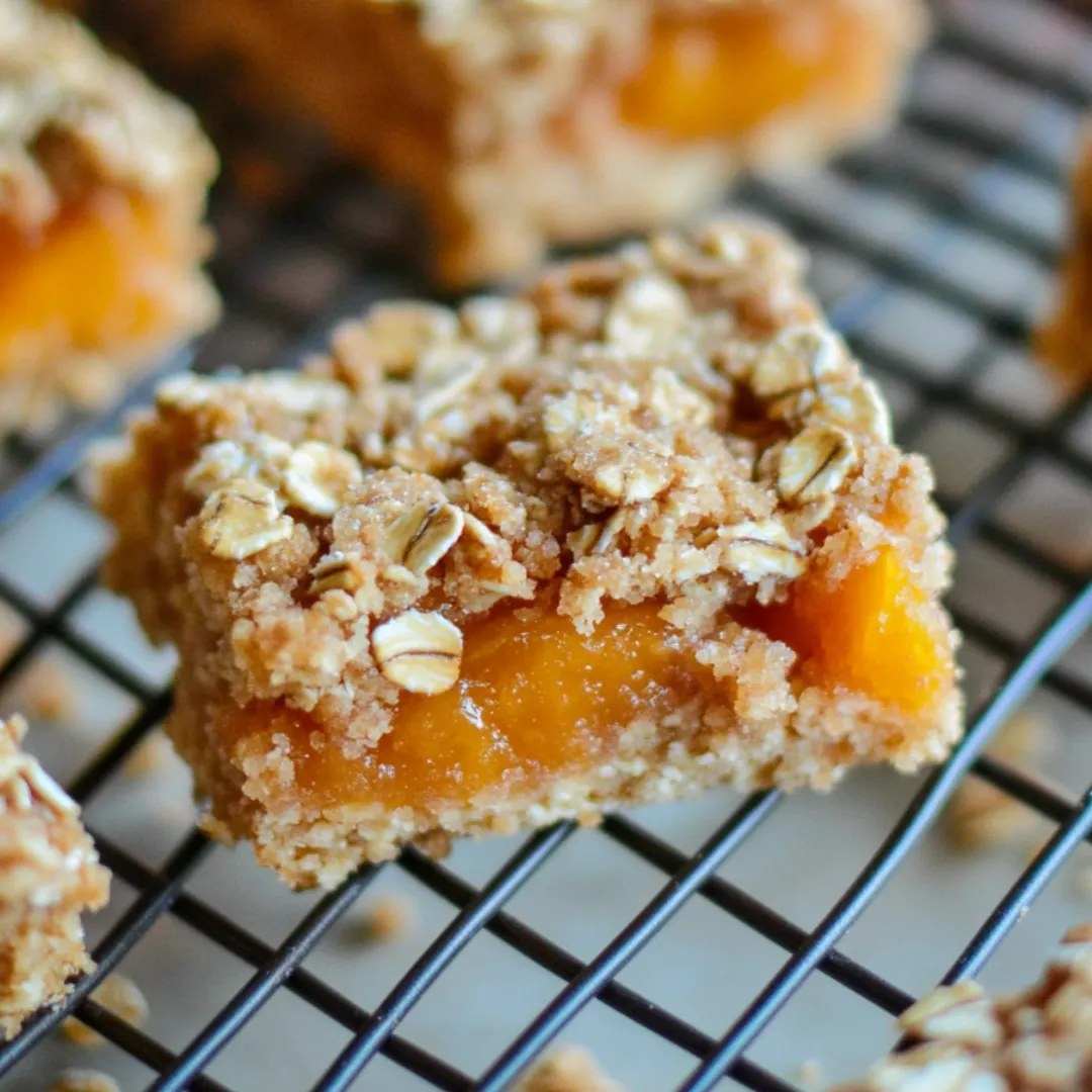 Close up of a square, crumbly dessert bar.