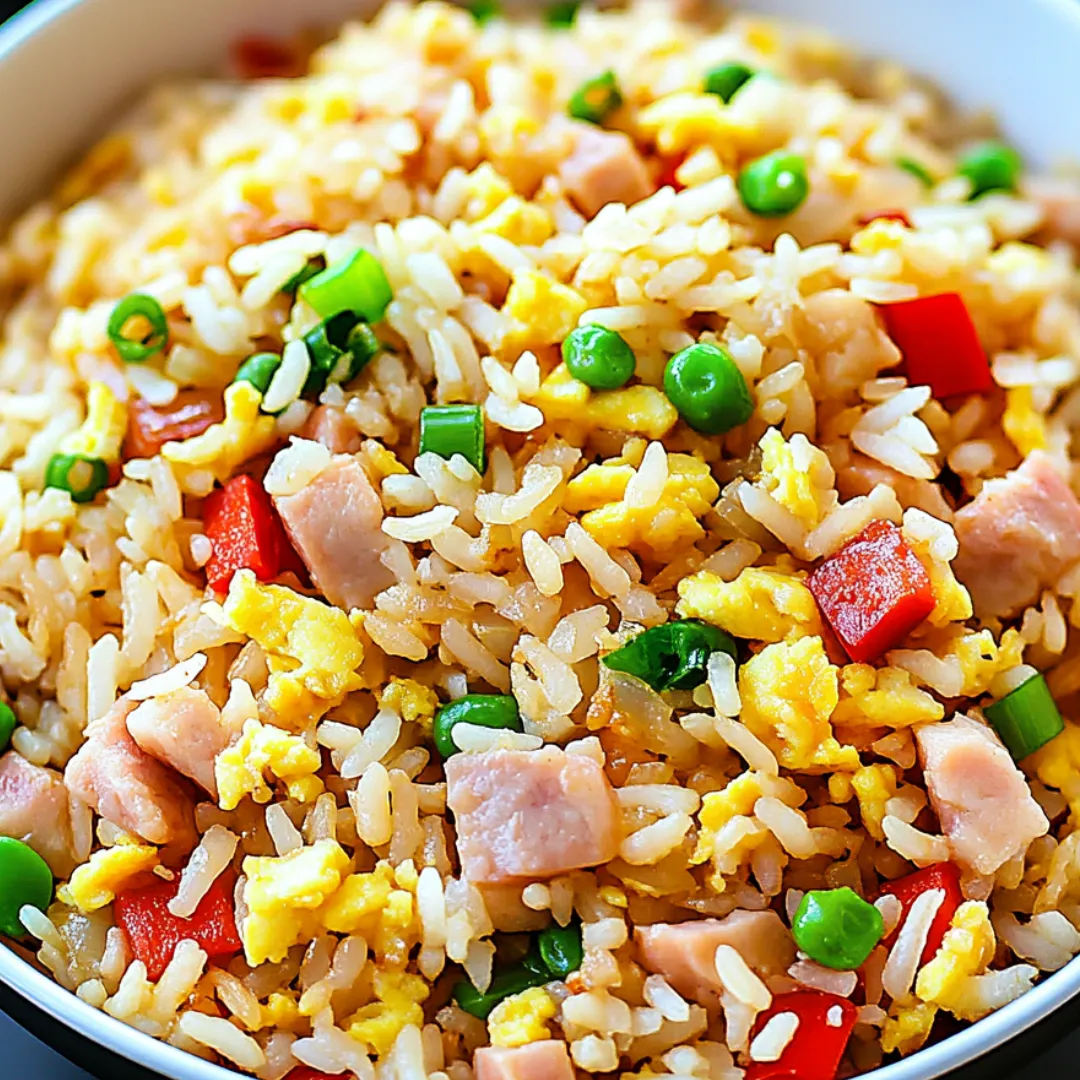 A bowl packed with ham, peas, and rice.